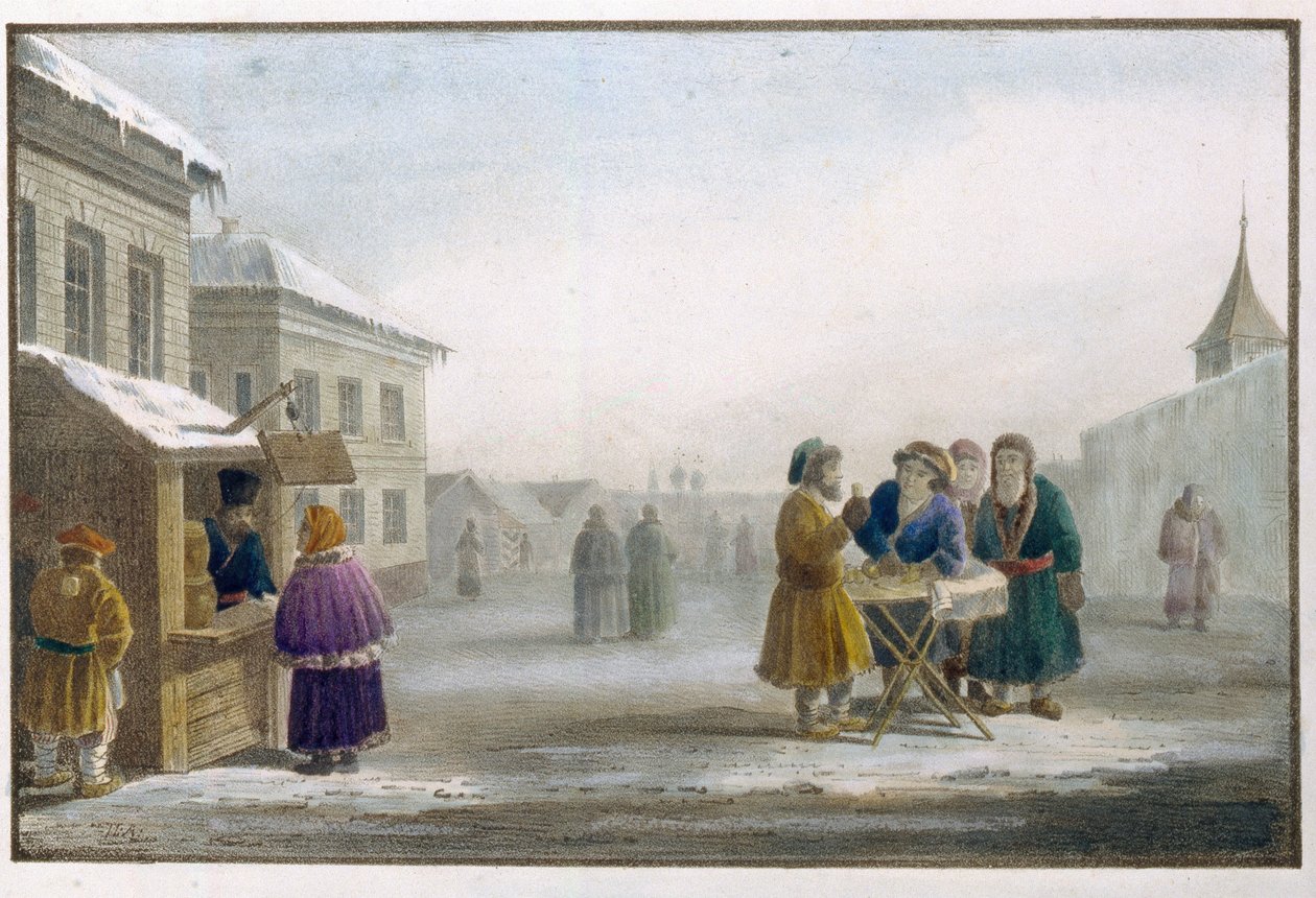 Potulný prodavač tabáku před trafikou v Rusku. Dílo Eugene Plucharta (1809-1880), litografie a akvarel od Eugéne Pluchart