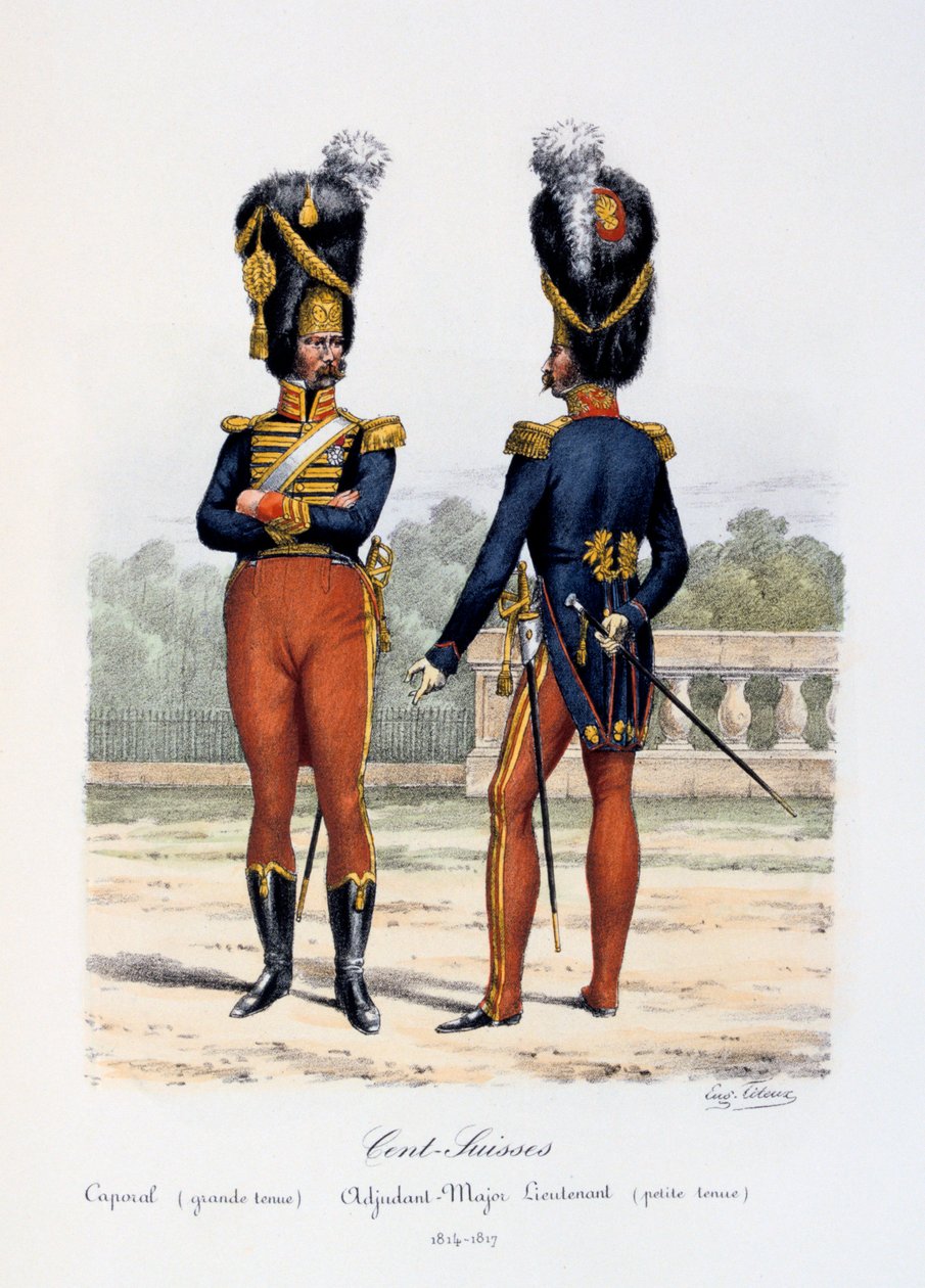 Cent-Suisses, desátník celé šaty, svlékání pobočníka-majora, 1814-17 od Eugene Titeux