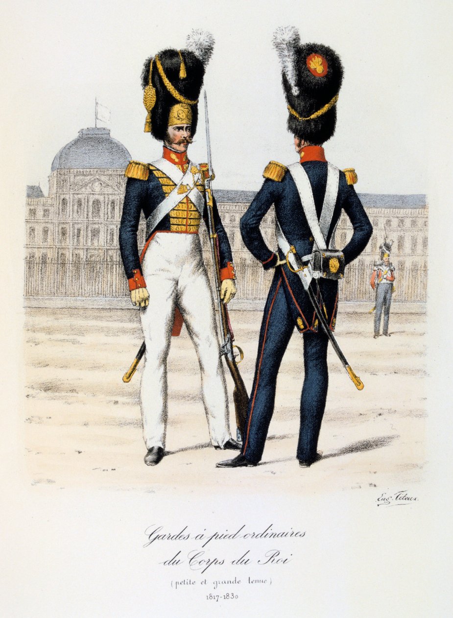 Obyčejní pěší strážci královského sboru, malé a plné šaty, 1817-30 od Eugene Titeux
