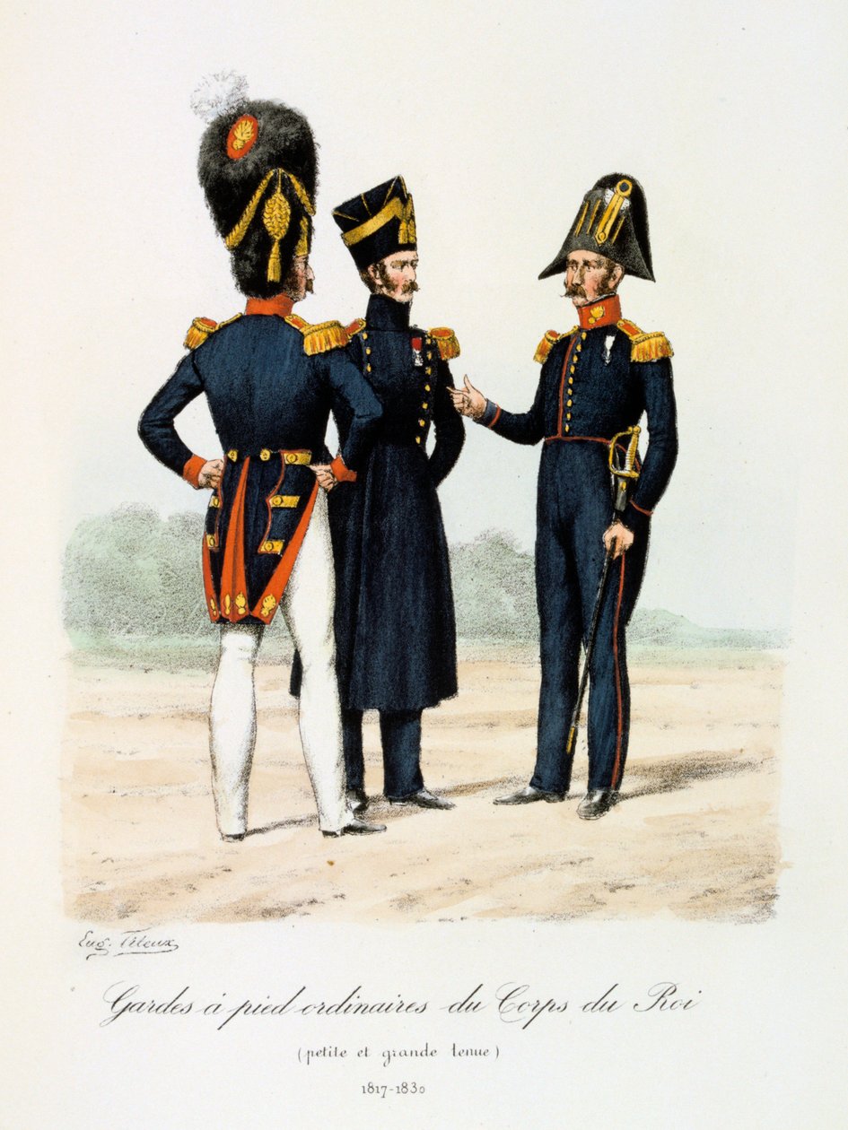 Obyčejní pěší strážci královského sboru, malé a plné šaty, 1817-30 od Eugene Titeux