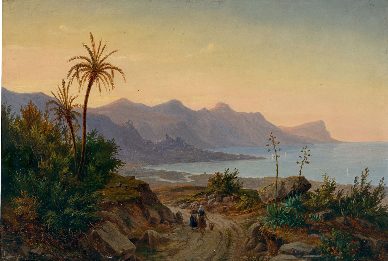 Eugen von Guérard - Jižní pobřežní krajina s palmami, 1844 od Eugene von Guérard