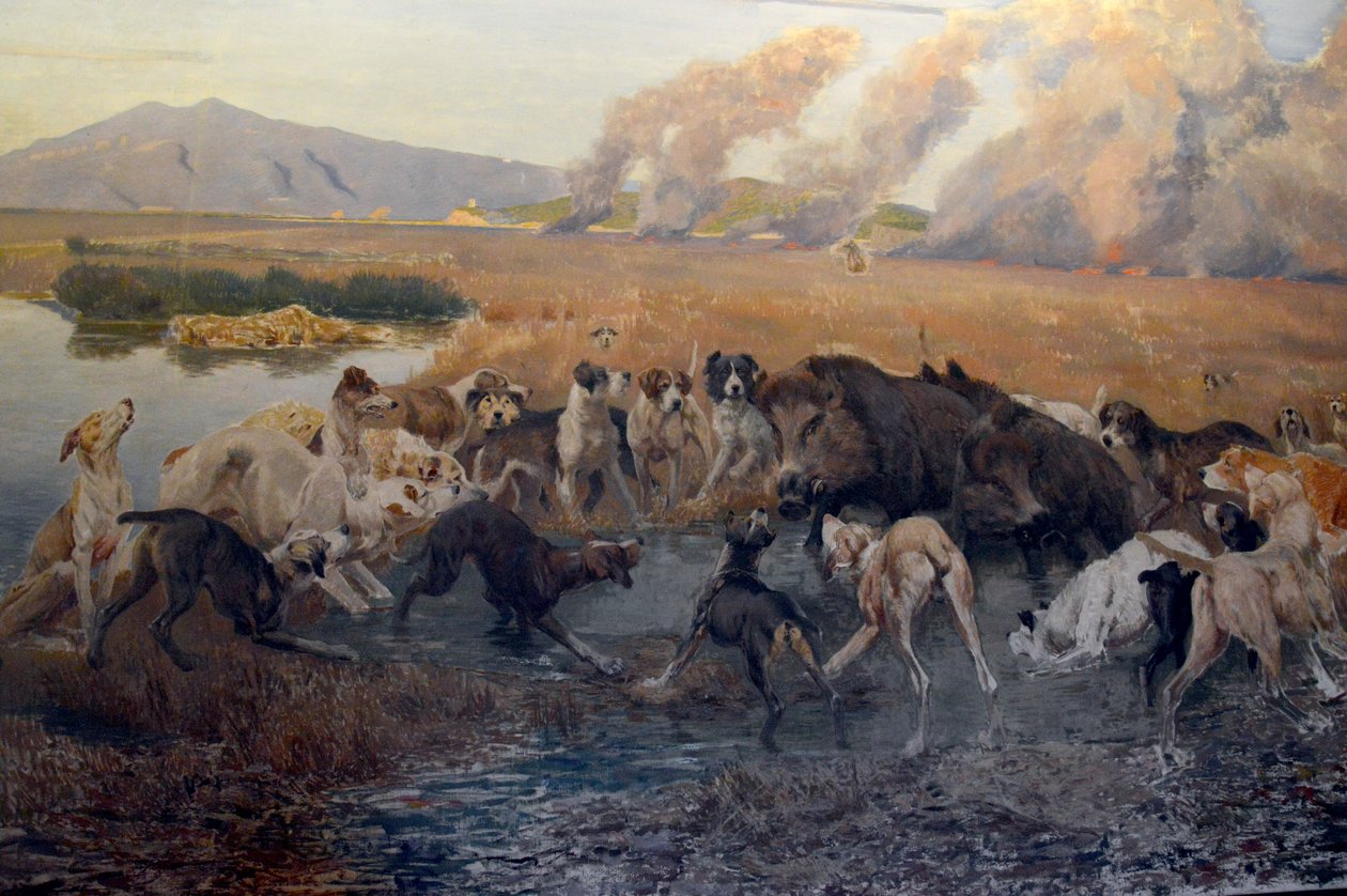 Detail obrazu Eugena Cecconiho Lov divočáků v Padule di Burano v Galleria d
