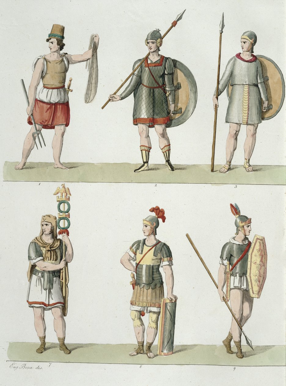 Římští vojáci, detail z desky 2, třída 5 z I. části Dějin národů, vyryto Buttazonovou akvatintou viz také 93289 od Eugenio Bosa