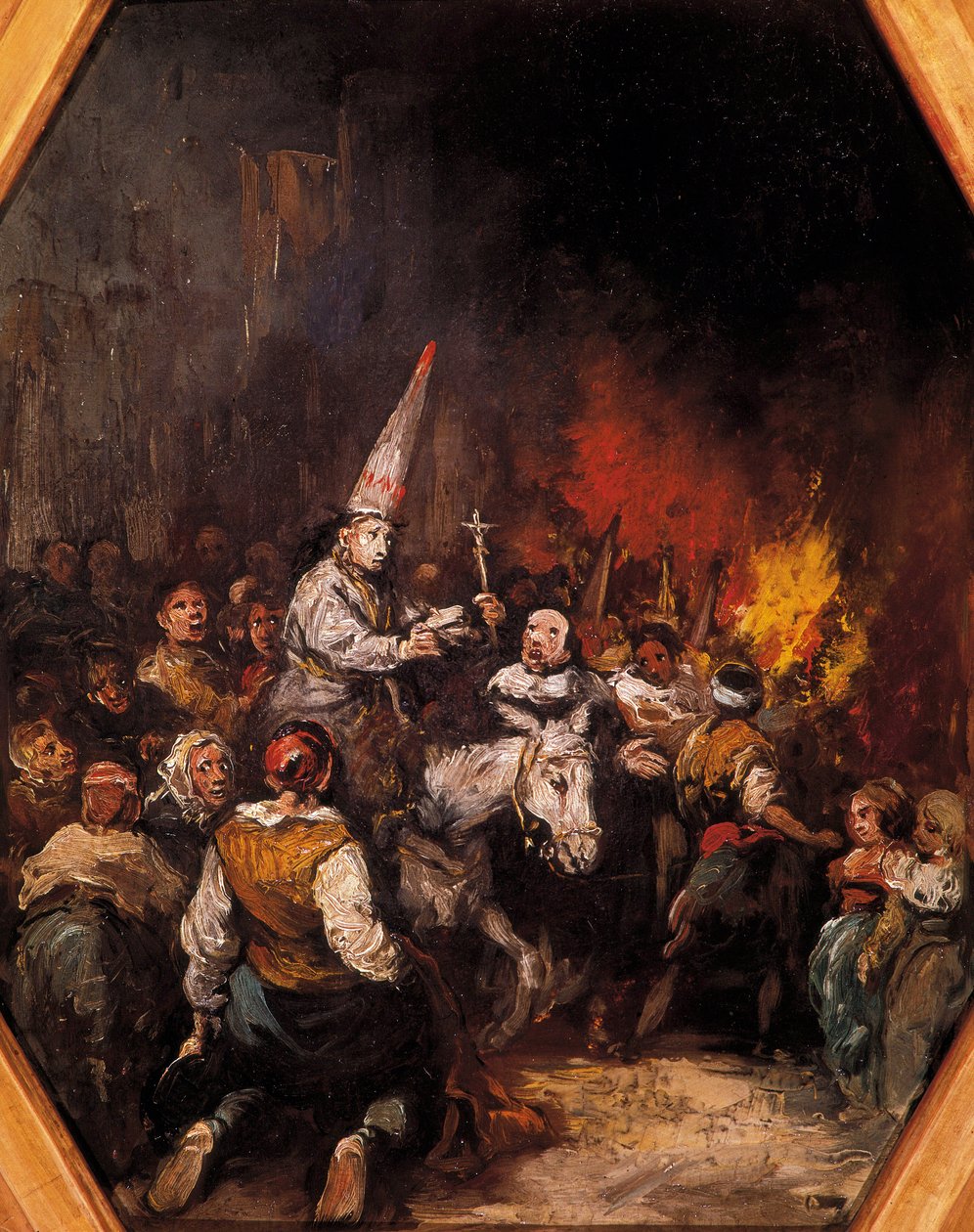 Damnes inkvizicí. Odsuzujícími jsou pokrývky hlavy capirote, špičatý klobouk ve tvaru kužele. Obraz Eugenio LUCAS VELAZQUEZ (1817-1870), kolem roku 1862. Muzeum Prado, Madrid od Eugenio Lucas Velázquez