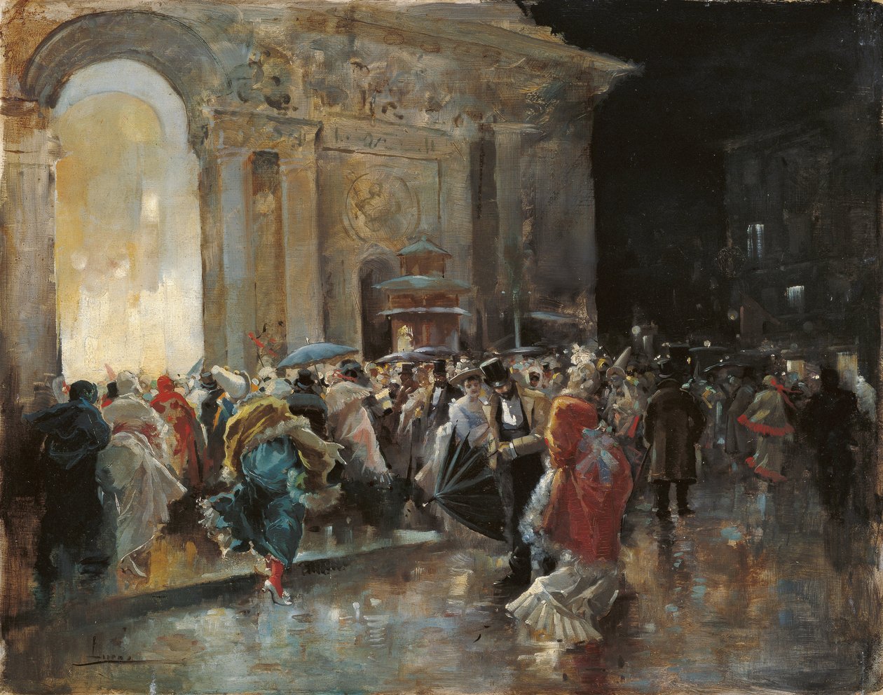 Příjezd do divadla v noci maskovaného plesu - Lucas Villaamil, Eugenio (1858-1919) - c. 1895 - Olej na dřevě - 31x40 - Museo Carmen Thyssen, Malaga od Eugenio Lucas Villaamil