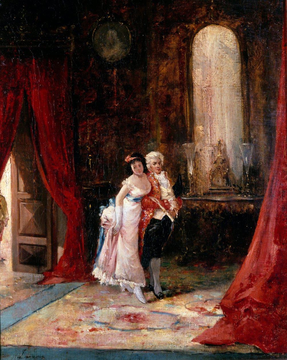 Důvěra. Elegantní mladá žena na ruce komorníka přistoupí k němu s pohledem, v němž se mísí zvědavost a obavy. Obraz Eugenia Lucase Villamila (1858-1918). Olej na plátně. Soukromá sbírka. od Eugenio Lucas Villamil