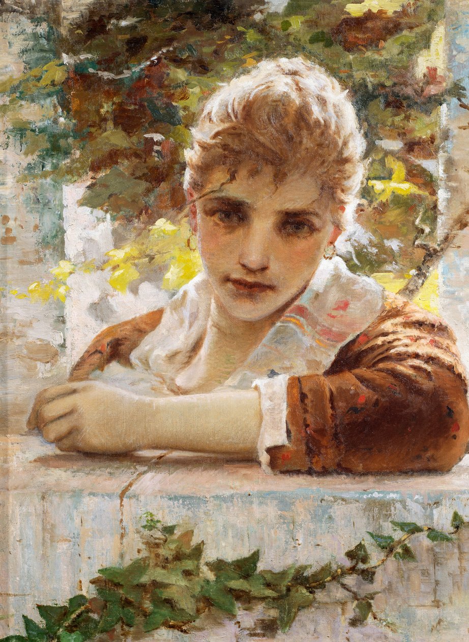 Žena na verandě, Eugenio Prati (1842-1907) od Eugenio Prati