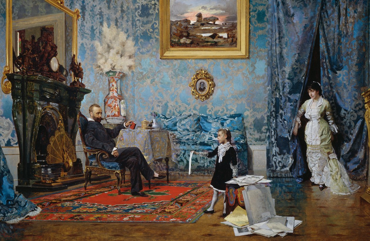 Rodina Fabricci, cca 1880, Eugenio Scomparini (1845-1913), olej na plátně, 68x187 cm, Itálie od Eugenio Scomparini