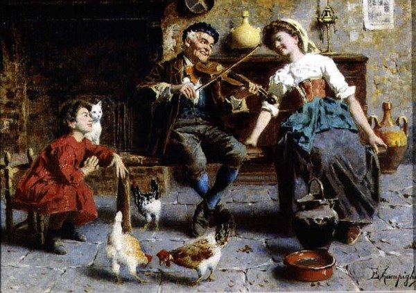 Starý muž hraje na housle (olej na plátně) od Eugenio Zampighi