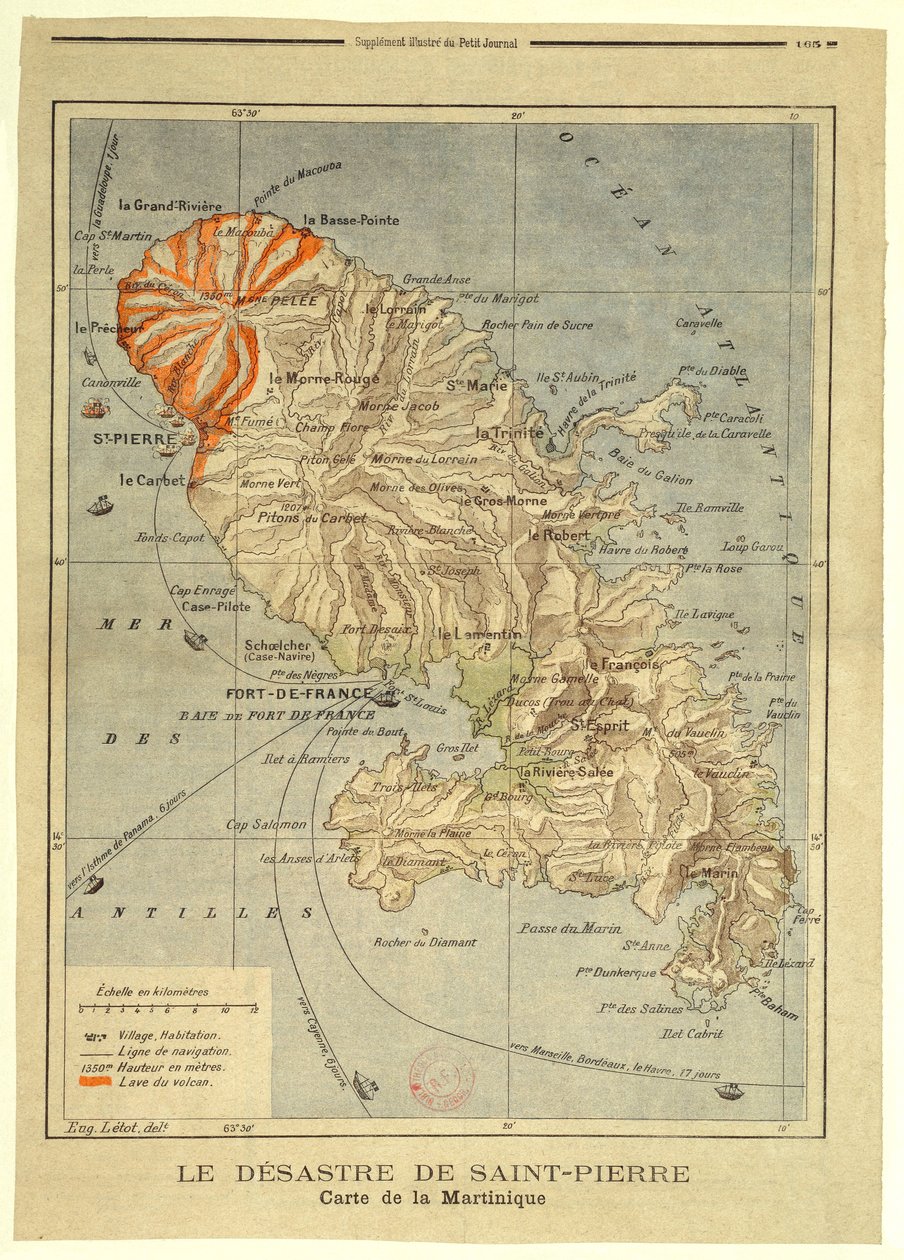 Katastrofa Saint-Pierre. Mapa Martiniku od Eugène Letot