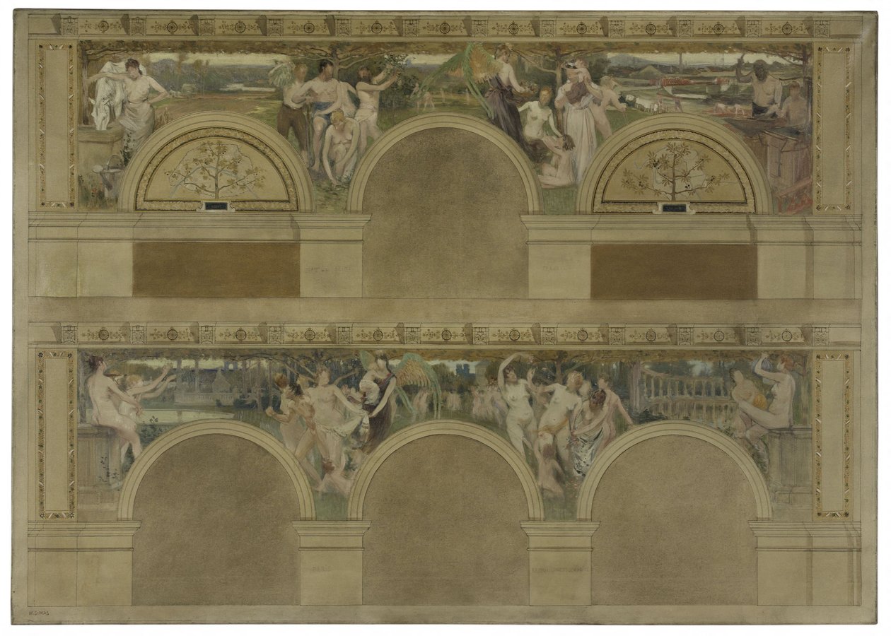 Skica pro jeden z úvodních salonů pařížského Hôtel de Ville: Le Travail. Les Réjouissances. La Charité, 1892 (černá tuš, olej na plátně) od Eugène Martial Simas