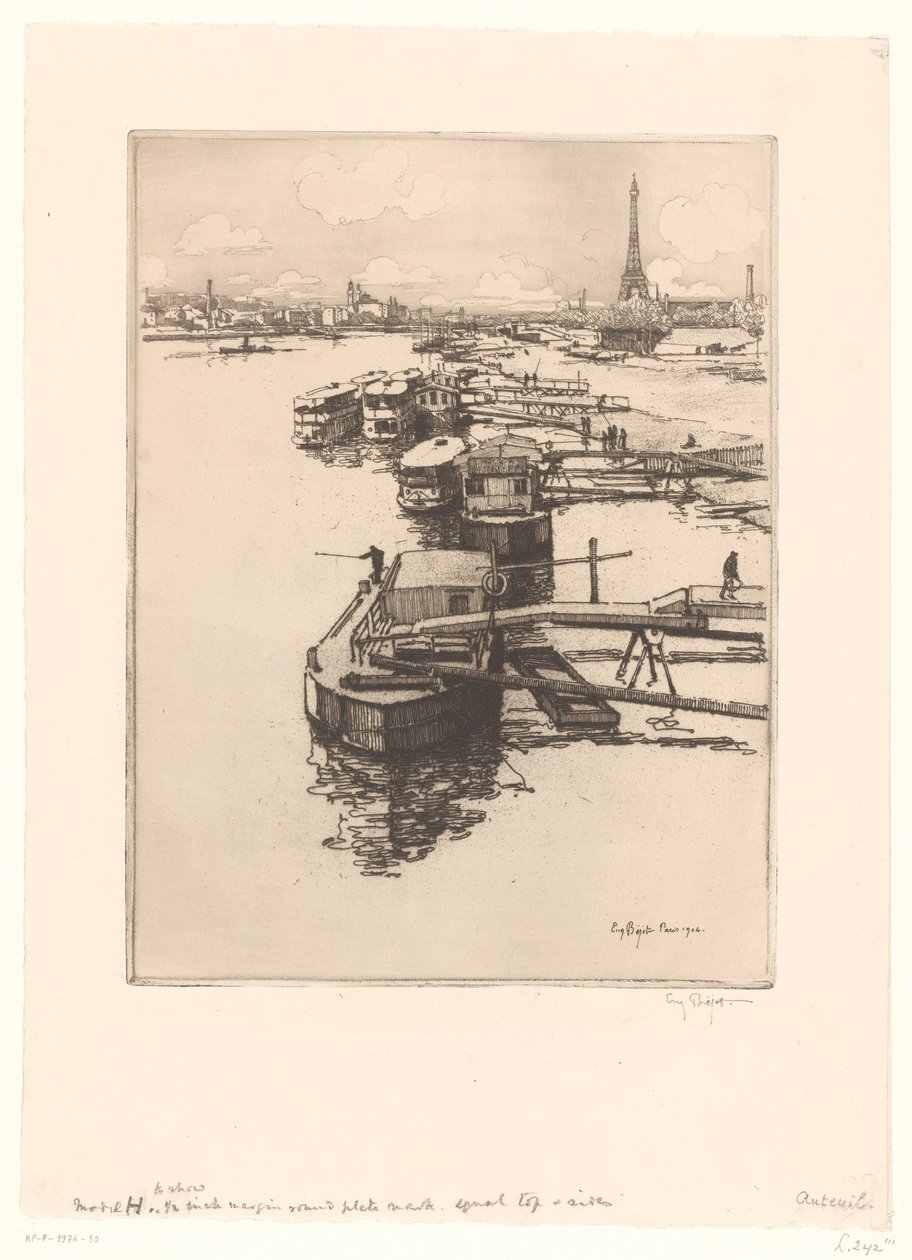 Nábřeží s omnibusovými loděmi v Paříži s Eiffelovou věží v pozadí od Eugène Bejot (signed by artist)