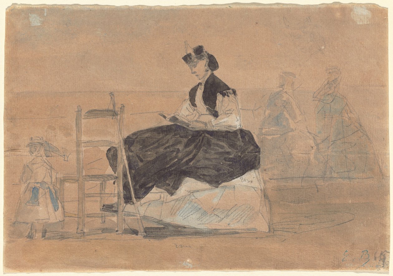 Žena v krinolíně na pláži Trouville od Eugène Boudin
