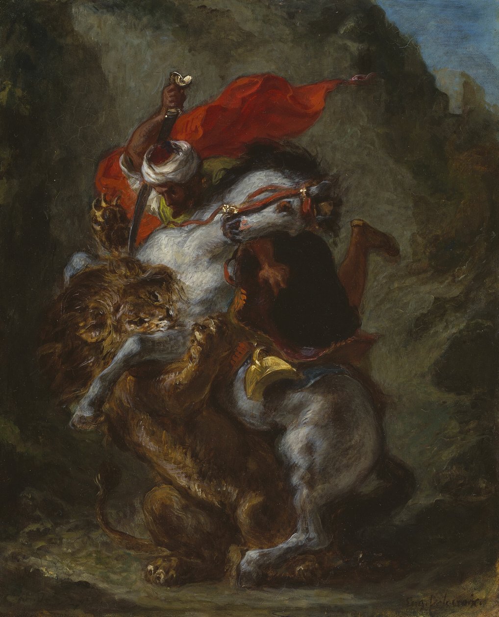 Arabský jezdec napadený lvem od Eugène Delacroix
