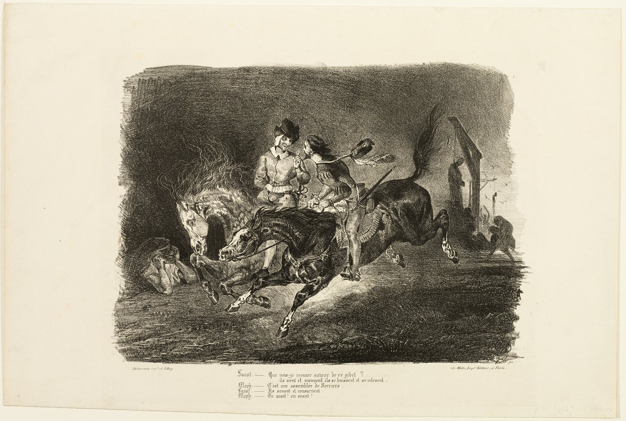 Faust a Mefistofeles cválající nocí čarodějnického sabatu, z knihy Faust od Eugène Delacroix