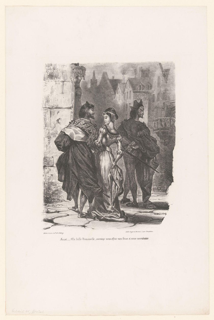 Faust probeert Grietje te verleiden Faust: Má krásná mladá dámo, odvážil bych se ti nabídnout svou paži a odvézt tě domů? (název na objektu) Faust (název seriálu) Faust, tragédie M. de Goethe (název série) od Eugène Delacroix