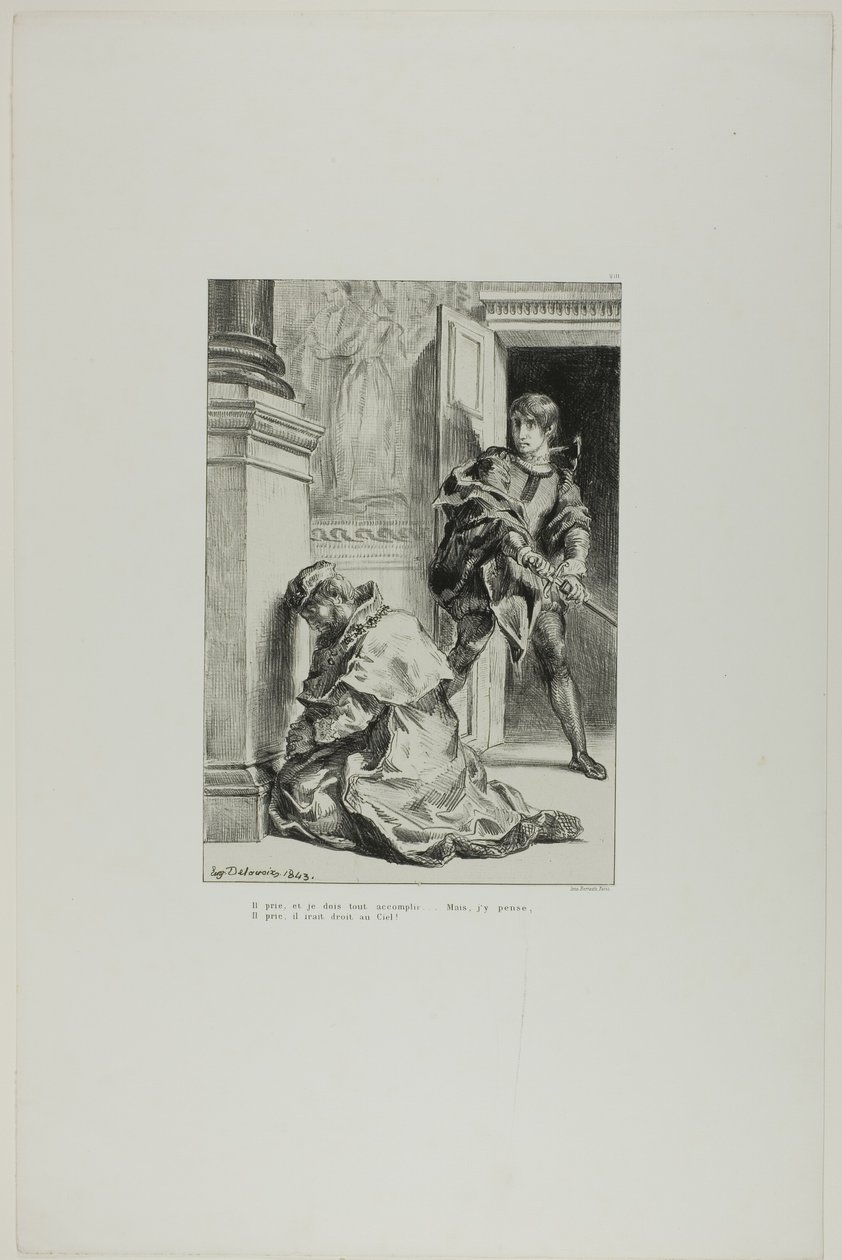 Hamlet se pokouší zabít krále, deska 8 z Hamleta od Eugène Delacroix