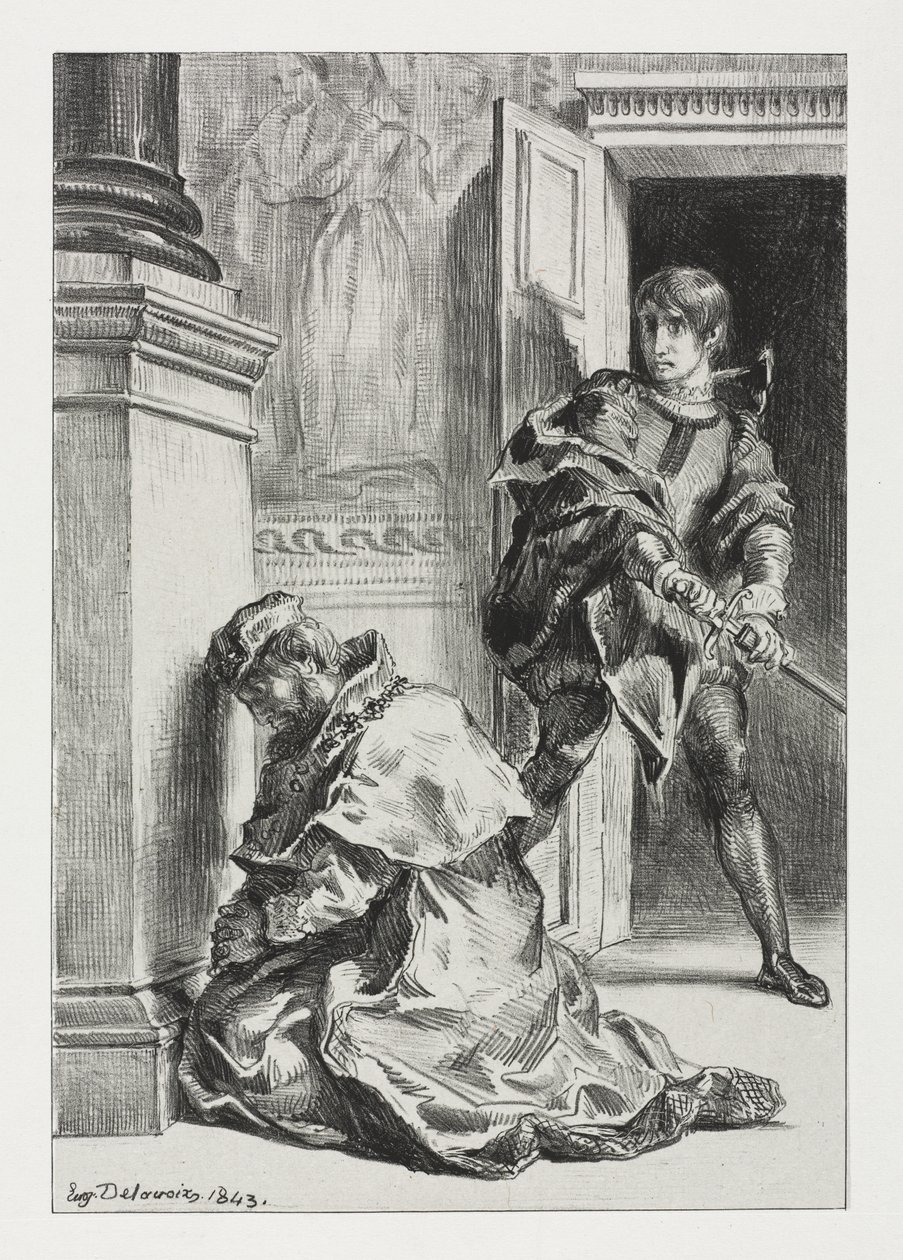 Hamlet: Hamlet se pokouší zabít krále od Eugène Delacroix