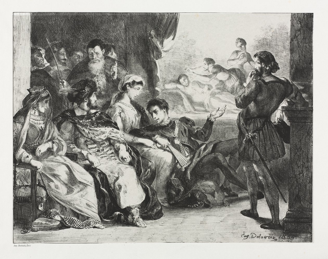 Hamlet: Hamlet přikazuje hercům, aby udělali scénu z otravy jeho otce od Eugène Delacroix