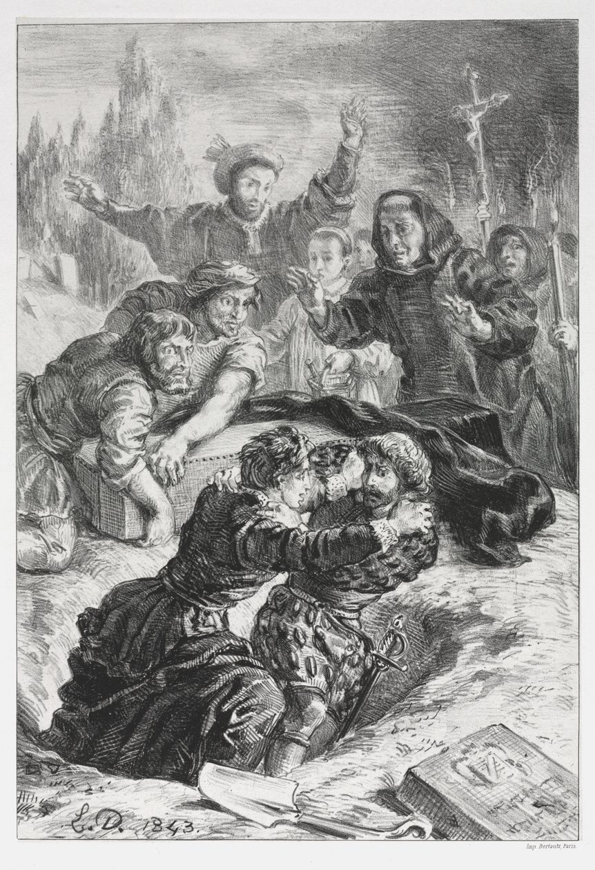 Hamlet: Hamlet a Laertes v hrobě Ofélie od Eugène Delacroix