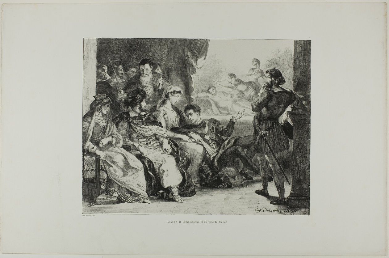 Hamlet přiměje hráče, aby předvedli otrávení jeho otce, deska 7 z Hamleta od Eugène Delacroix