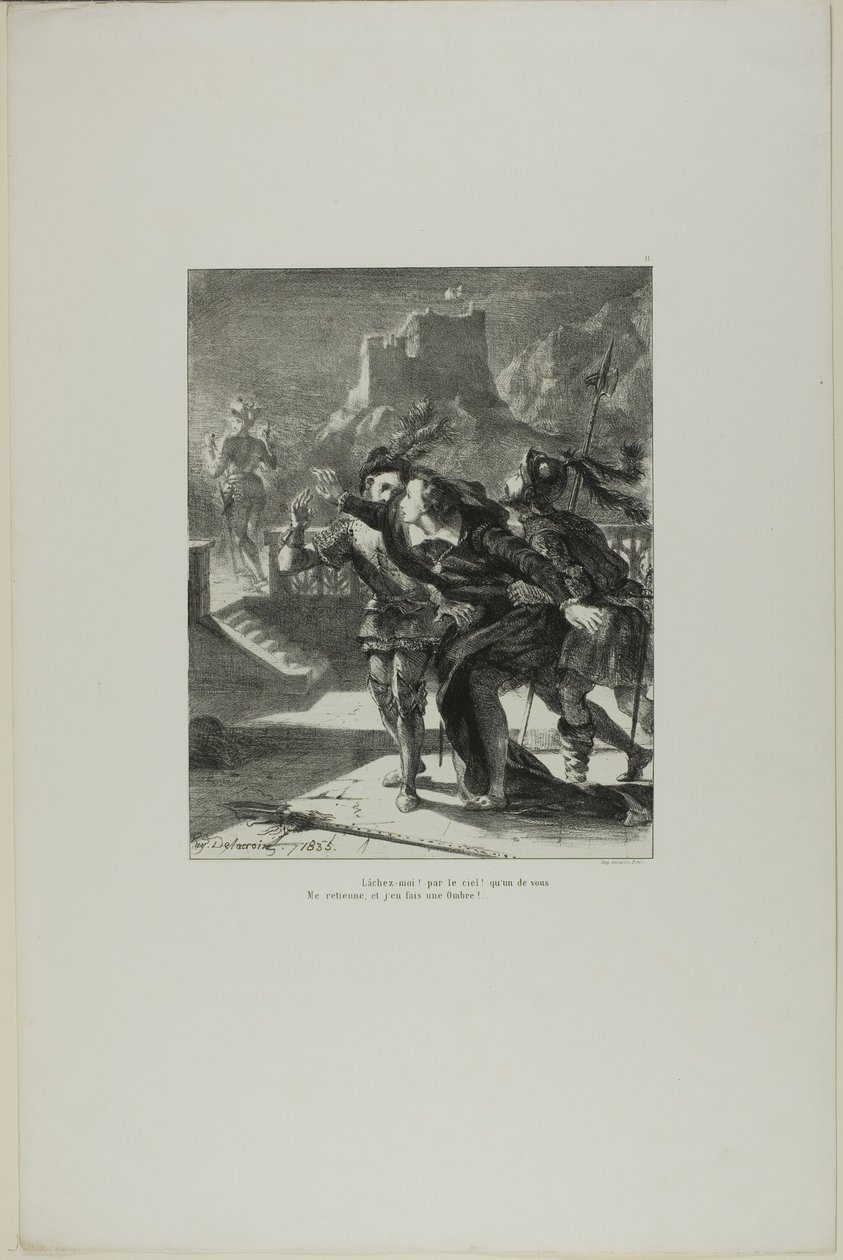 Hamlet pronásleduje ducha svého otce, deska 2 z Hamleta od Eugène Delacroix
