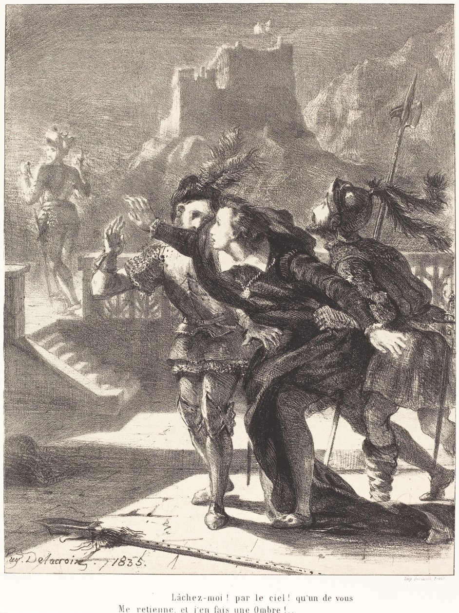 Hamlet si přeje následovat ducha svého otce (1. dějství, scéna IV) od Eugène Delacroix