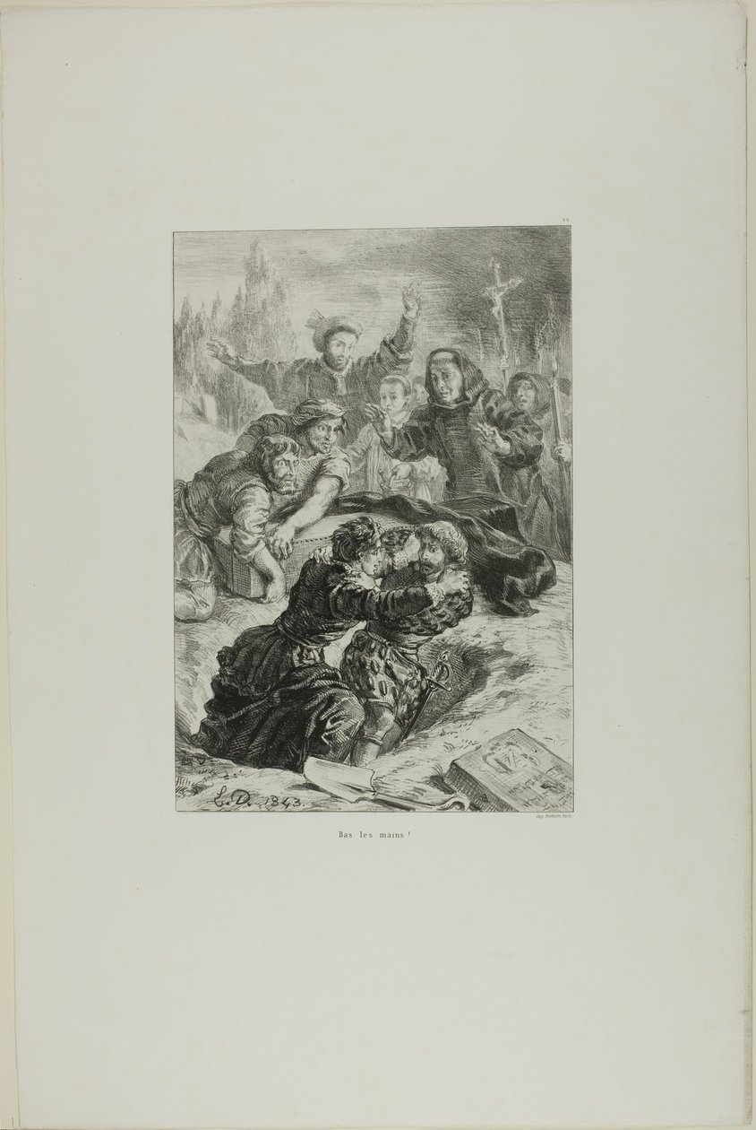 Hamlet a Laertes v Oféliině hrobě, deska 15 z Hamleta od Eugène Delacroix