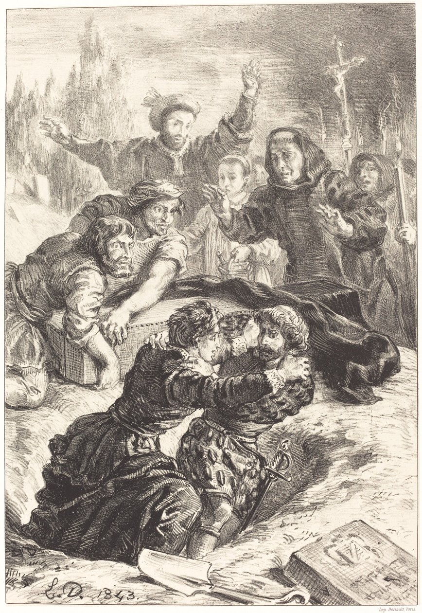 Hamlet a Laertes v hrobě Ofélie (V. dějství, scéna I) od Eugène Delacroix