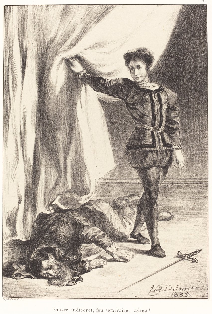 Hamlet a Poloniovo tělo (dějství III, scéna IV) od Eugène Delacroix