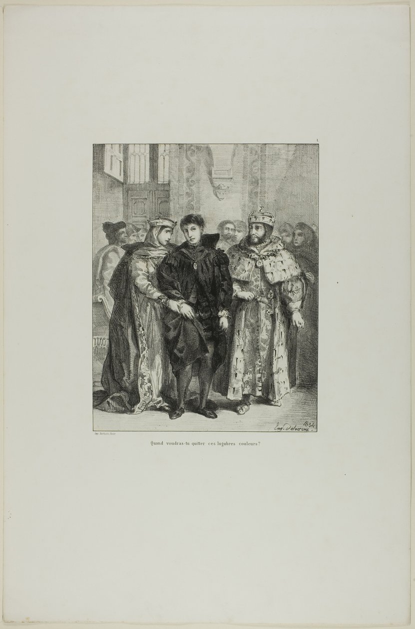 Hamlet a královna, deska 1 z Hamleta od Eugène Delacroix