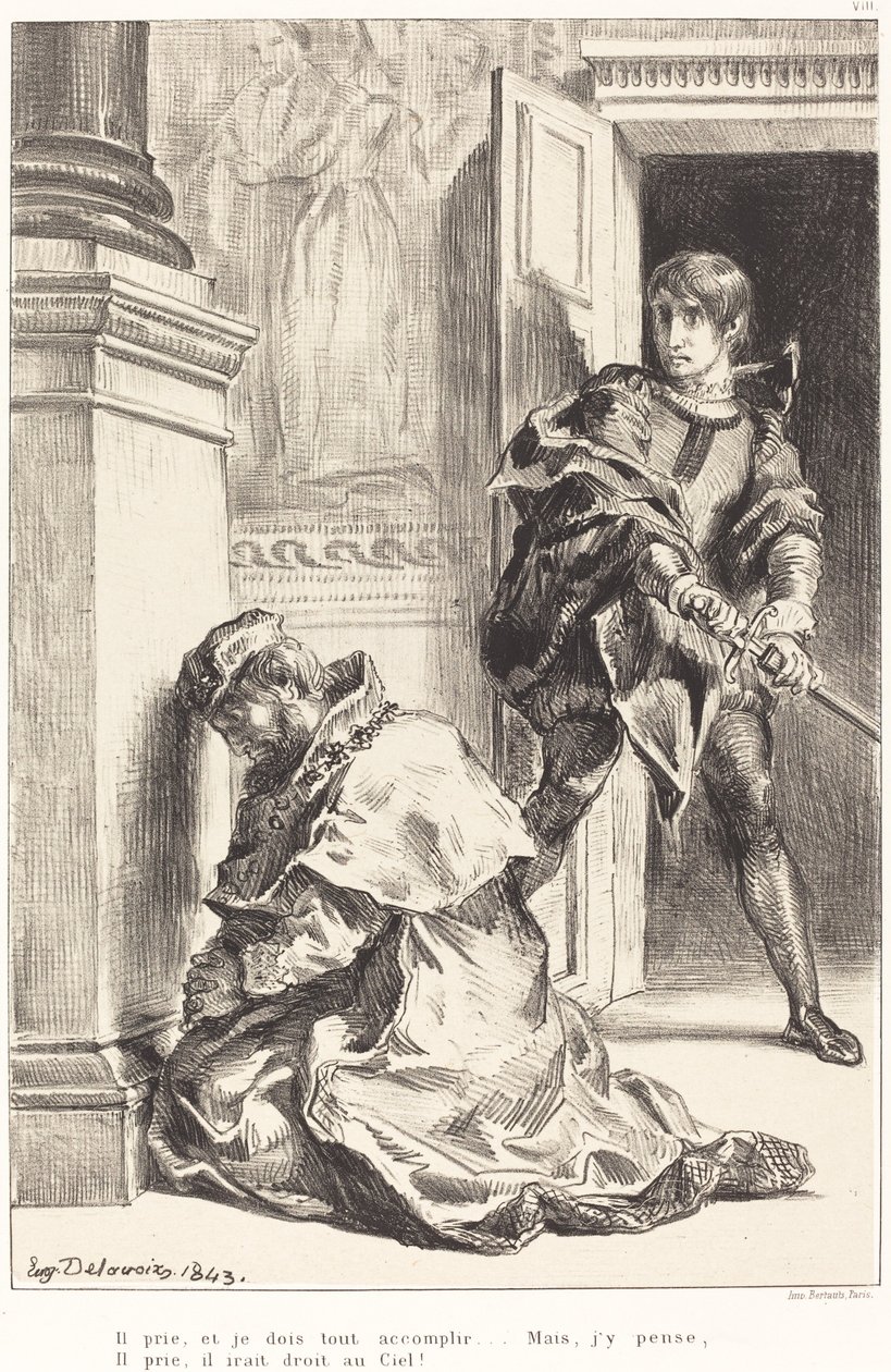 Hamlet je v pokušení zabít krále Akt III, scéna III, 18341843. od Eugène Delacroix