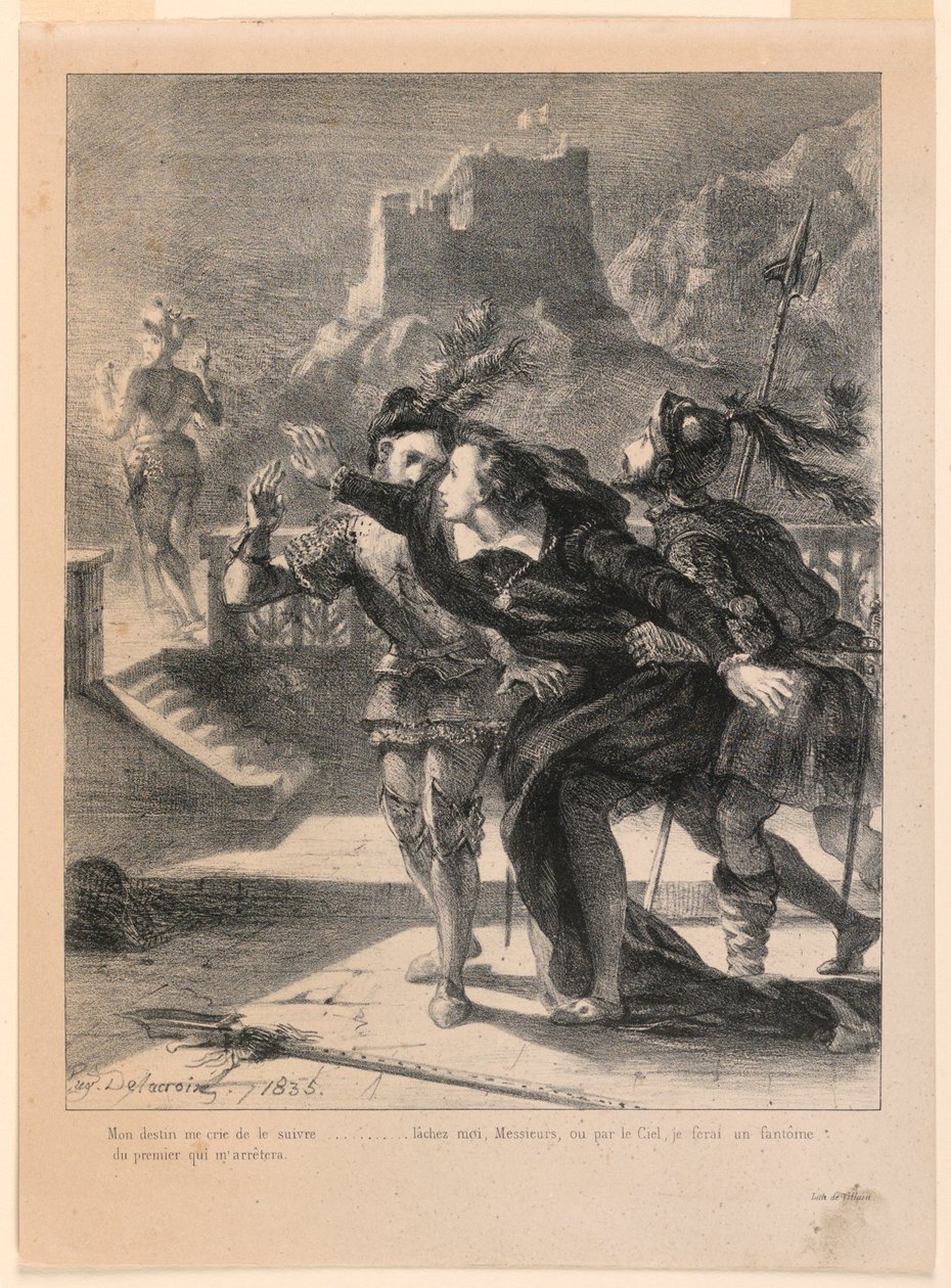 Ilustrace k Hamletovi: Hamlet se snaží následovat ducha svého otce (I,4) od Eugène Delacroix