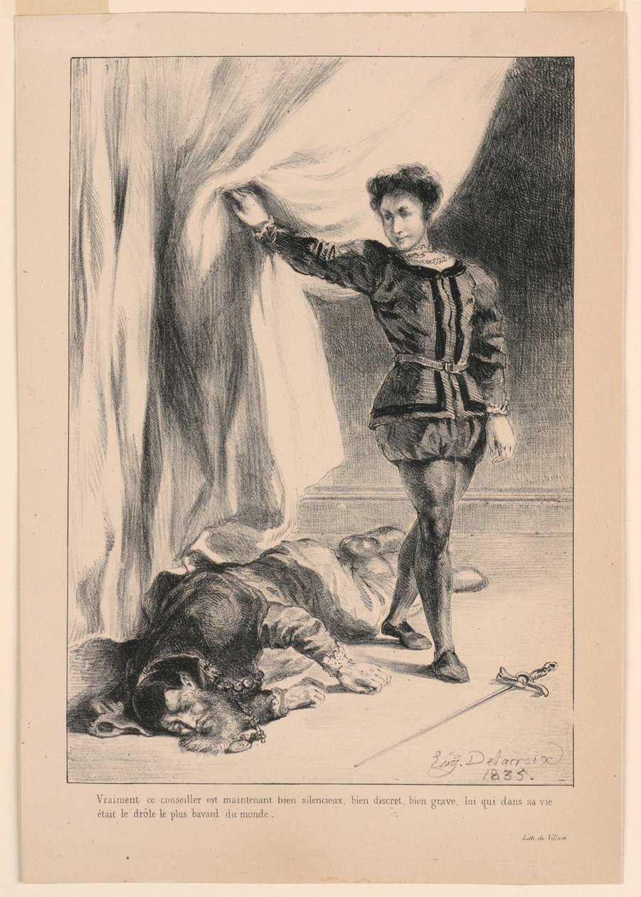 Ilustrace k Hamletovi: Poloniova smrt (III,4) od Eugène Delacroix