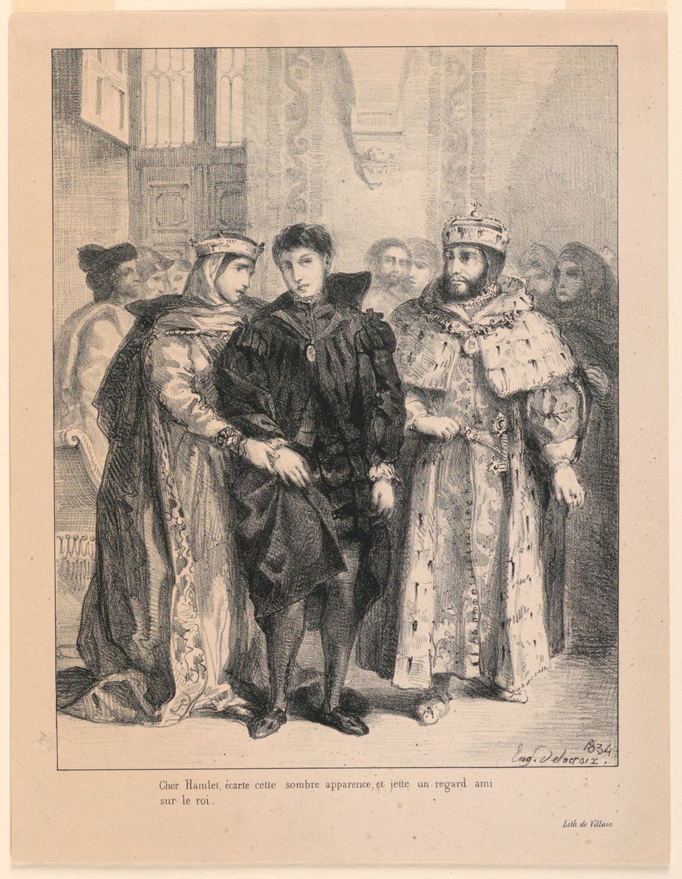Ilustrace k Hamletovi. Královna se snaží rozveselit Hamleta (I,2) od Eugène Delacroix