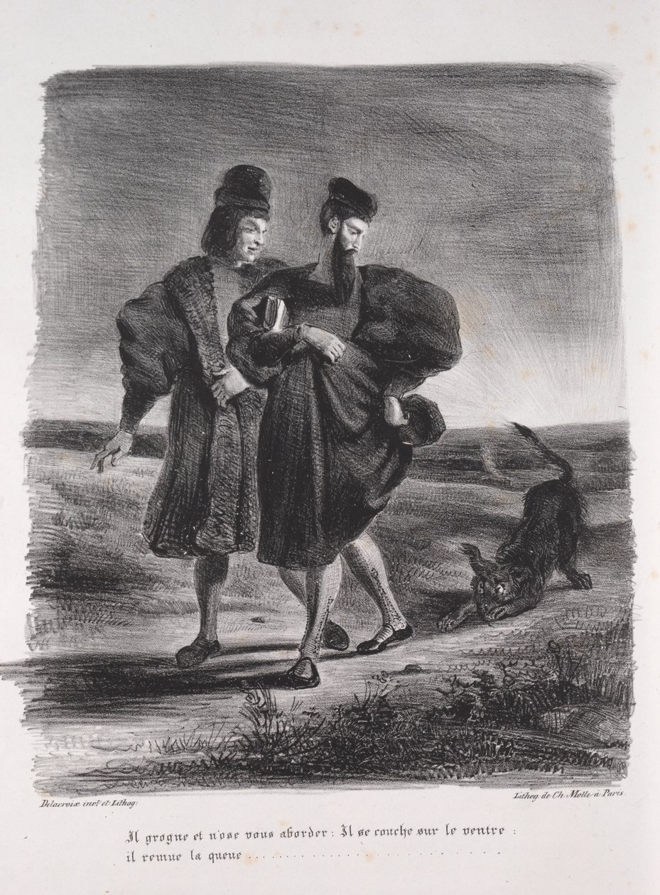 Ilustrace k Faustovi: Faust, Mefistofeles a barbet od Eugène Delacroix