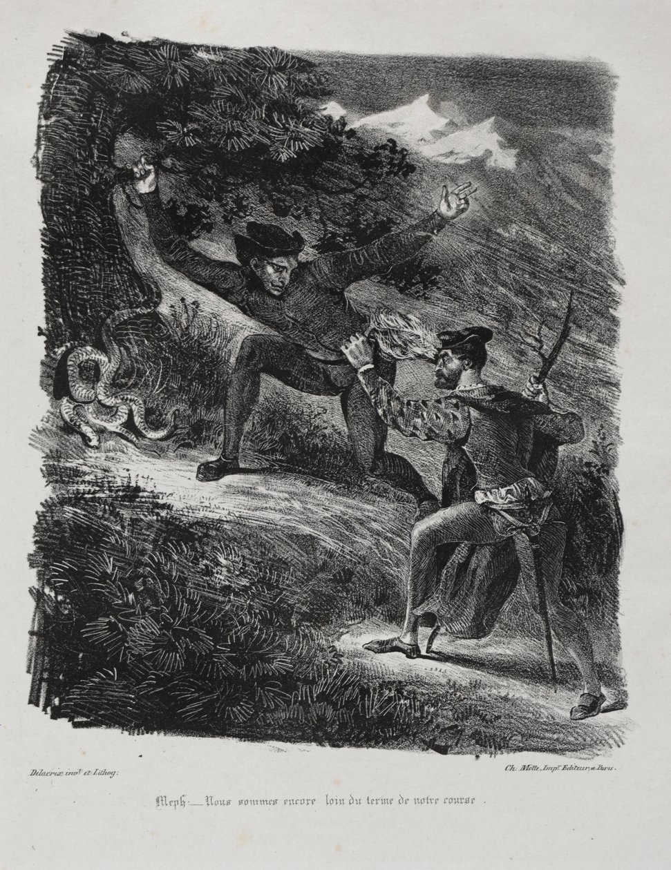 Ilustrace k Faustovi: Faust a Méphistophélés v horách Hartz od Eugène Delacroix