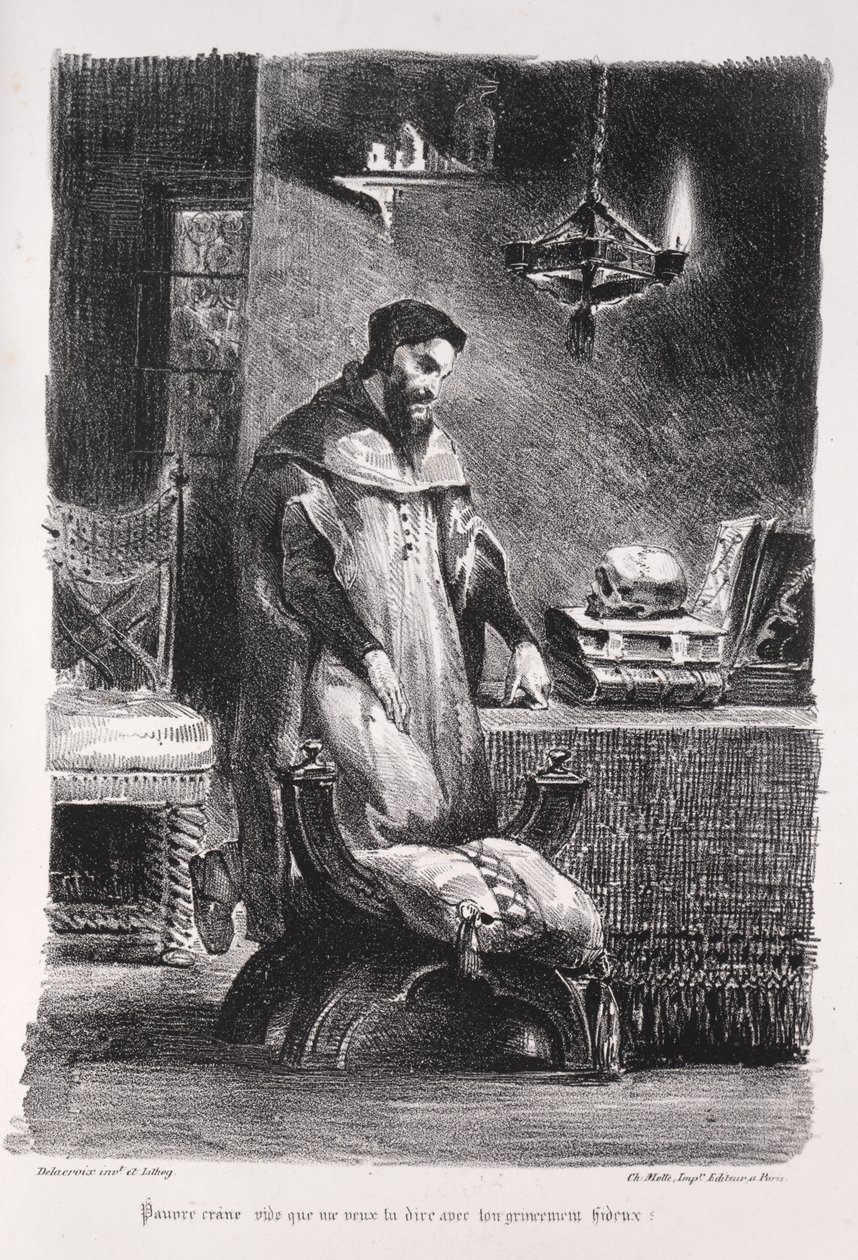 Ilustrace k Faustovi: Faust v jeho šatně od Eugène Delacroix