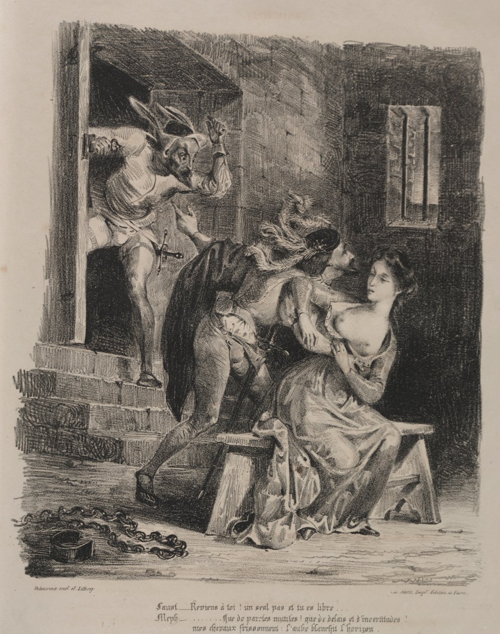 Ilustrace k Faustovi: Faust ve vězení Marguerite od Eugène Delacroix