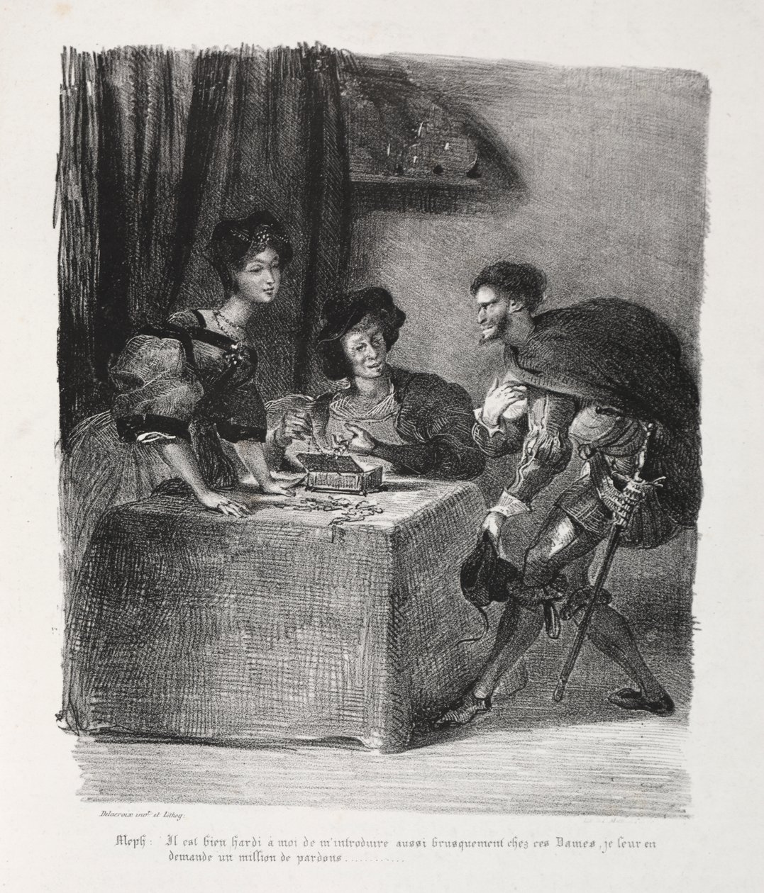Ilustrace pro Faust: Mefistofeles je v Marthe od Eugène Delacroix