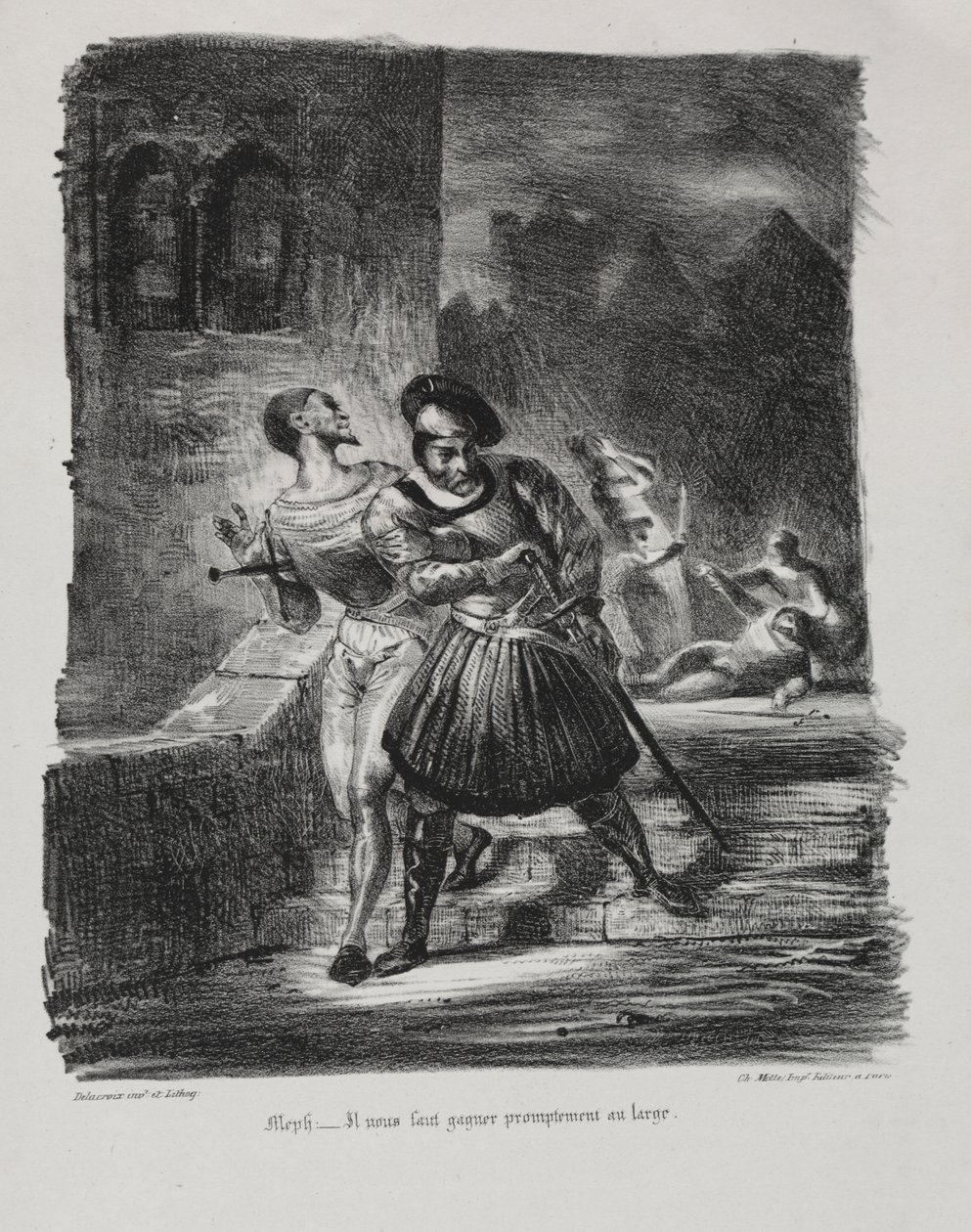 Ilustrace k Faustovi: Mefistofeles a Faust po souboji prchají od Eugène Delacroix
