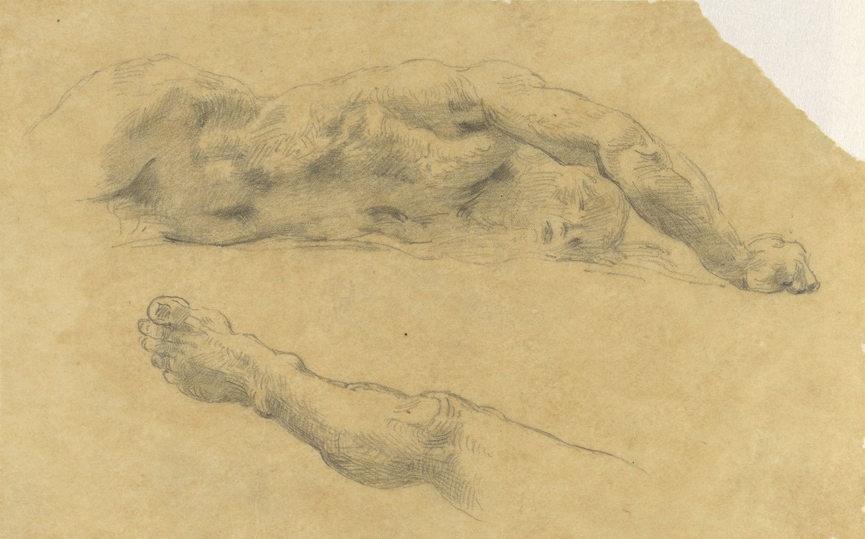 Ležící nahý muž; jeho nohu zvlášť od Eugène Delacroix