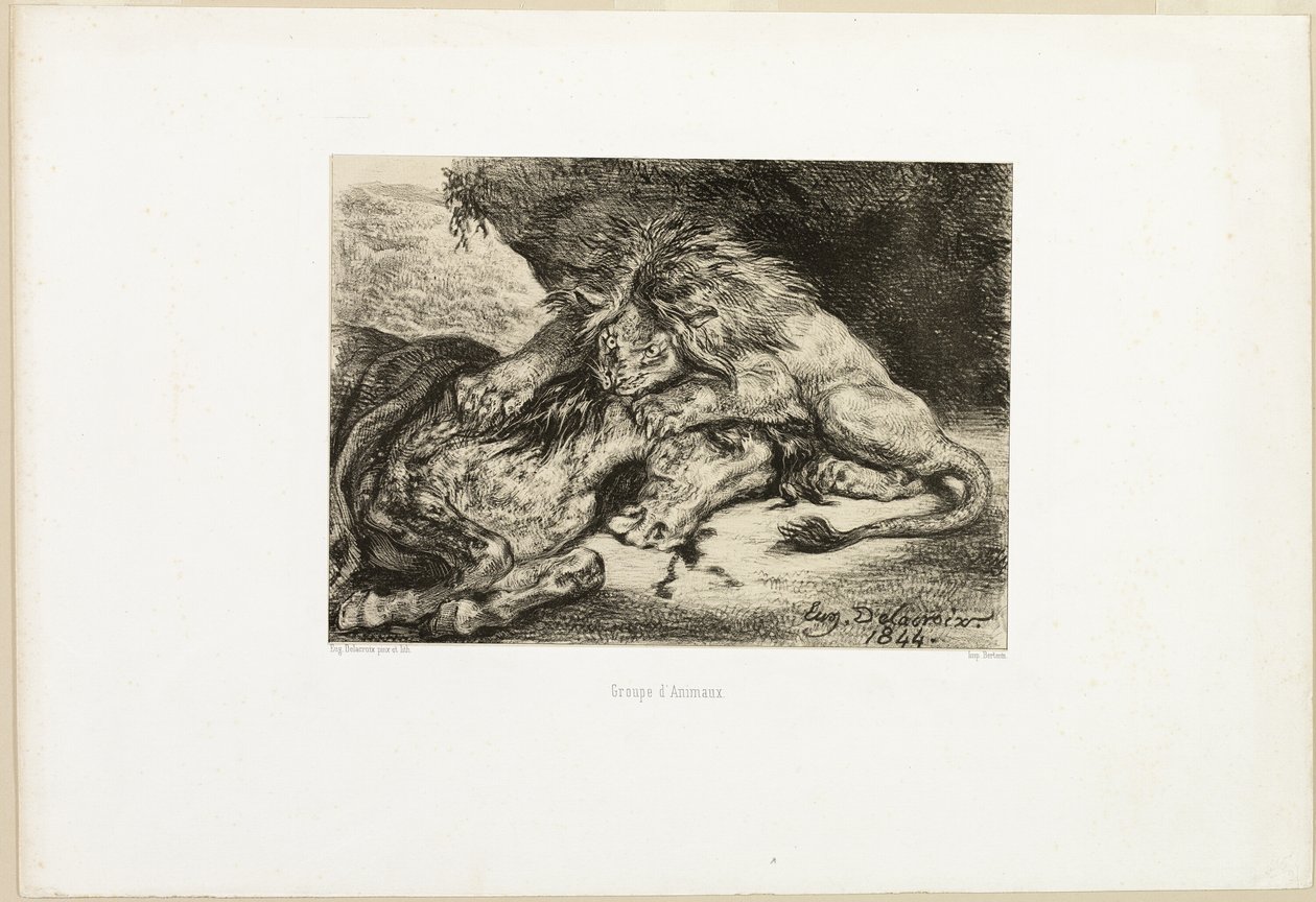 Lev požírající koně od Eugène Delacroix