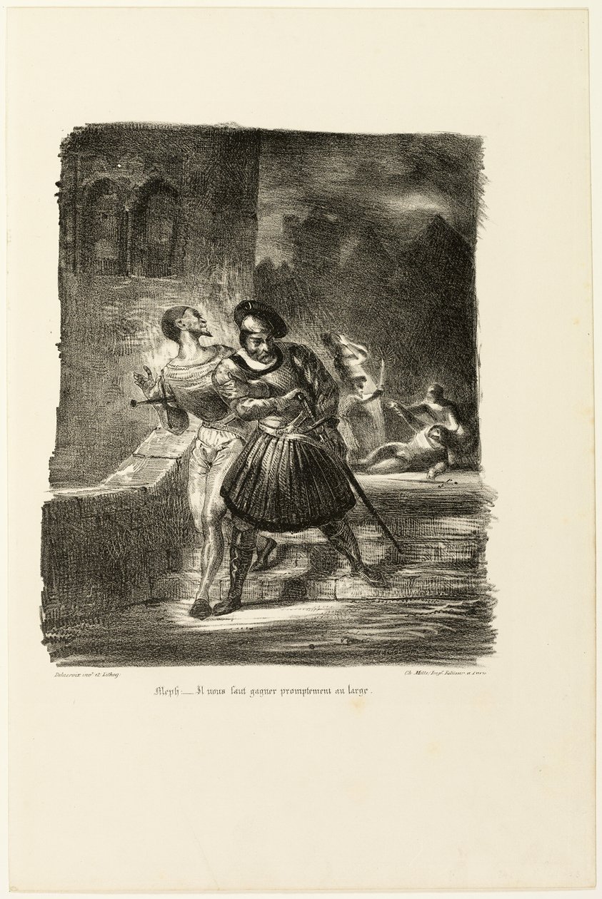 Mefistofeles a Faust prchající po souboji před Faustem od Eugène Delacroix