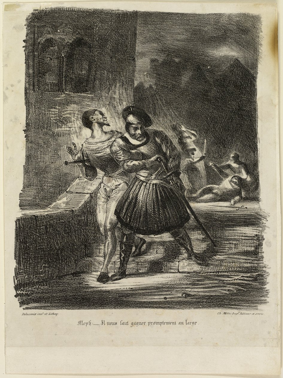 Mefistofeles a Faust prchají po Duelu od Eugène Delacroix