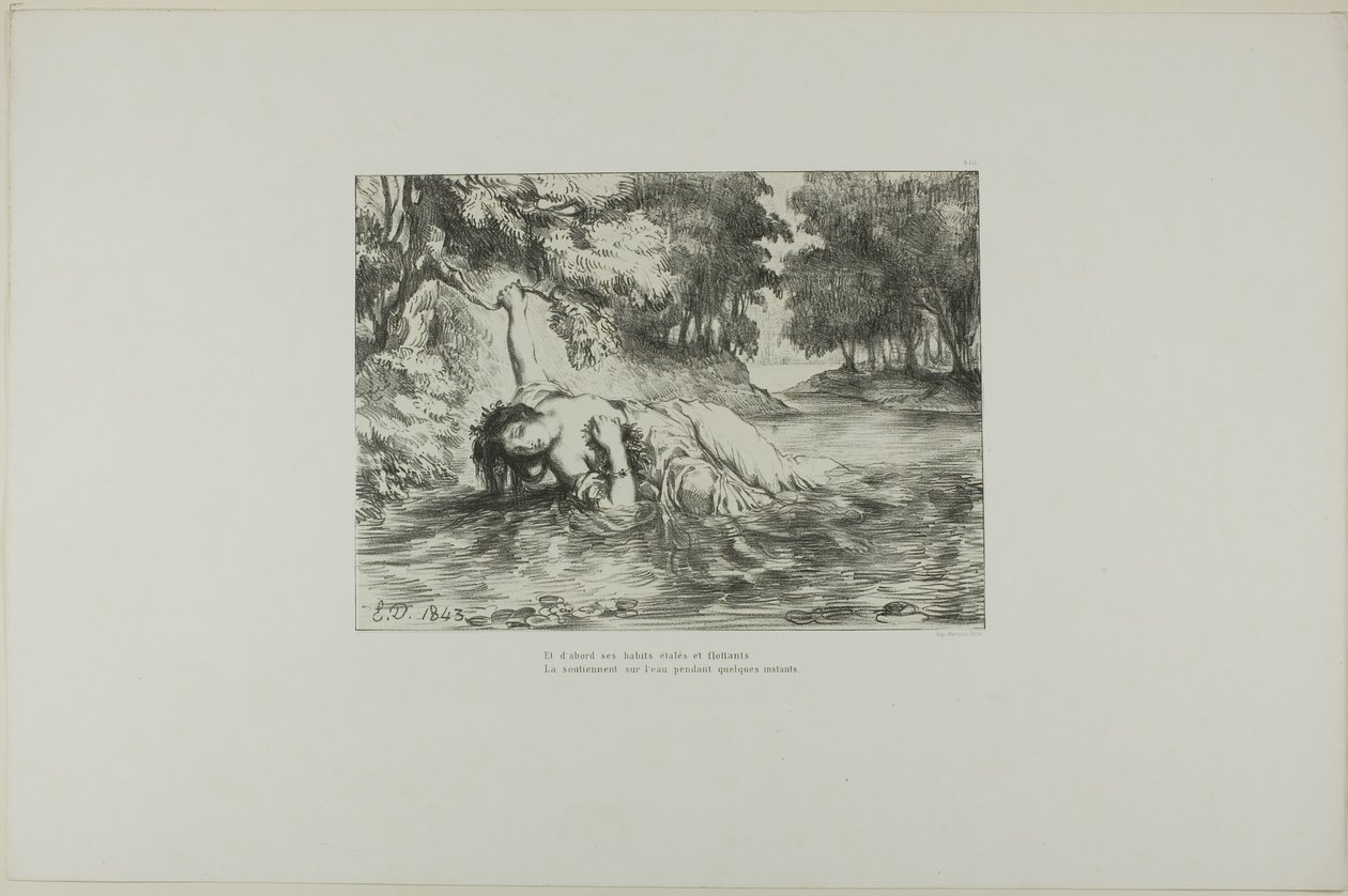 Oféliina smrt, deska 13 z Hamleta od Eugène Delacroix