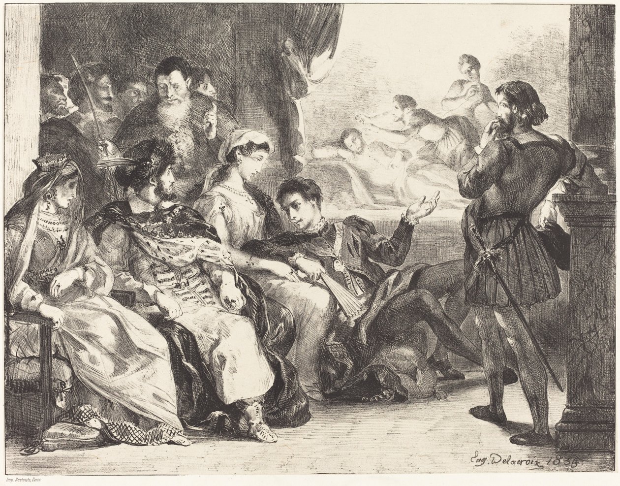 Hráči uvádějící otravu Hamletova otce (3. dějství, scéna II) od Eugène Delacroix