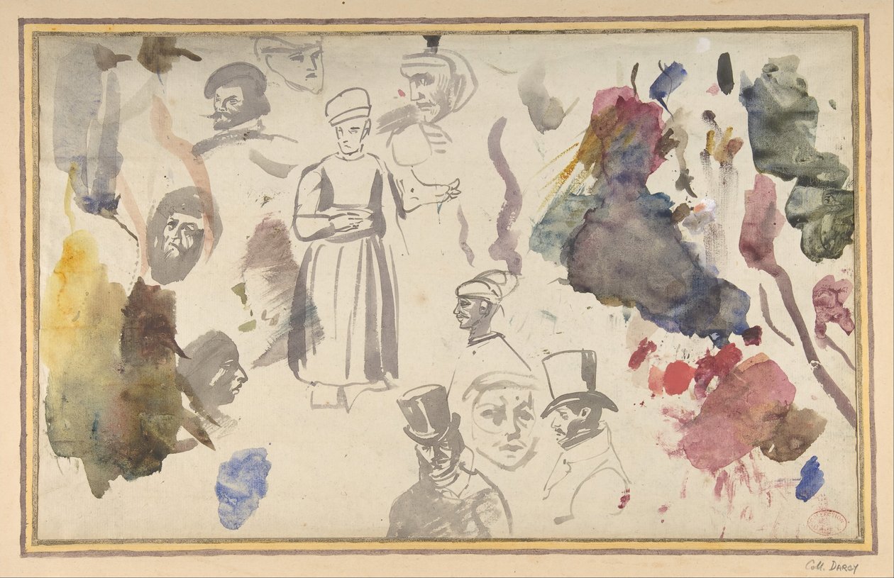 Studie mužských hlav a stojící mužské postavy, . od Eugène Delacroix