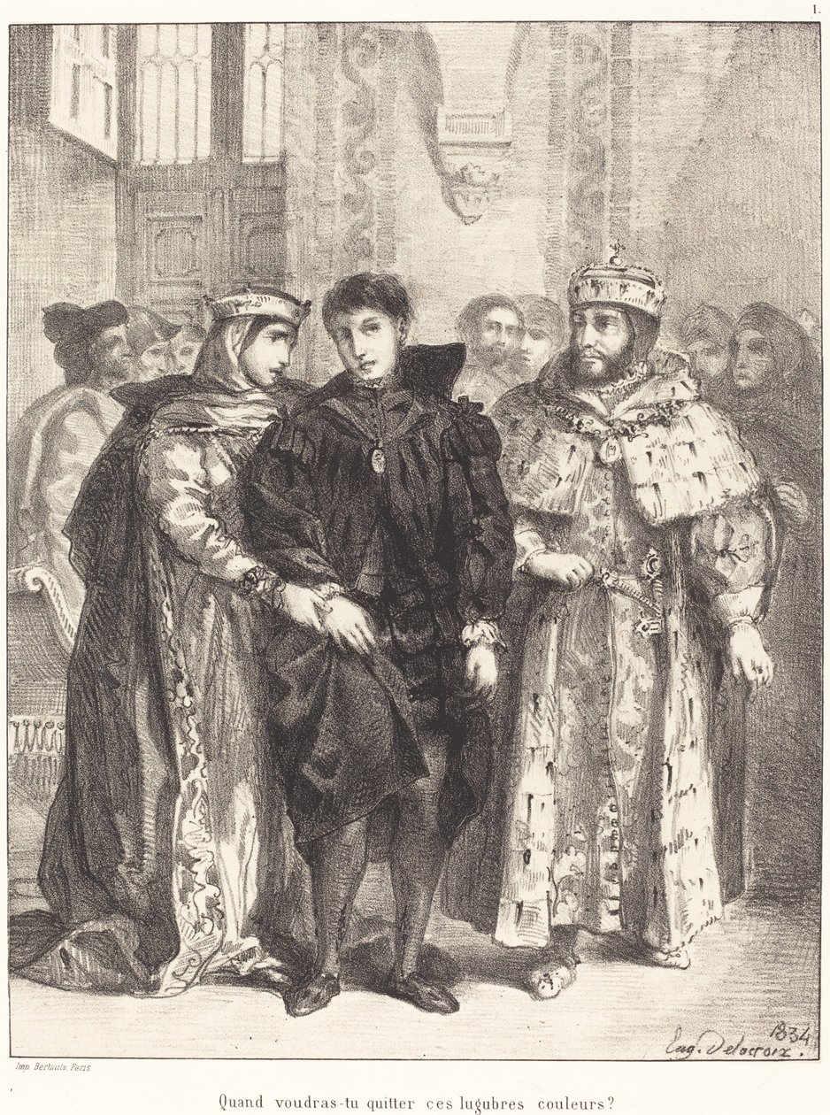 Královna se snaží utěšit Hamleta akt I, scéna II, 1834. od Eugène Delacroix