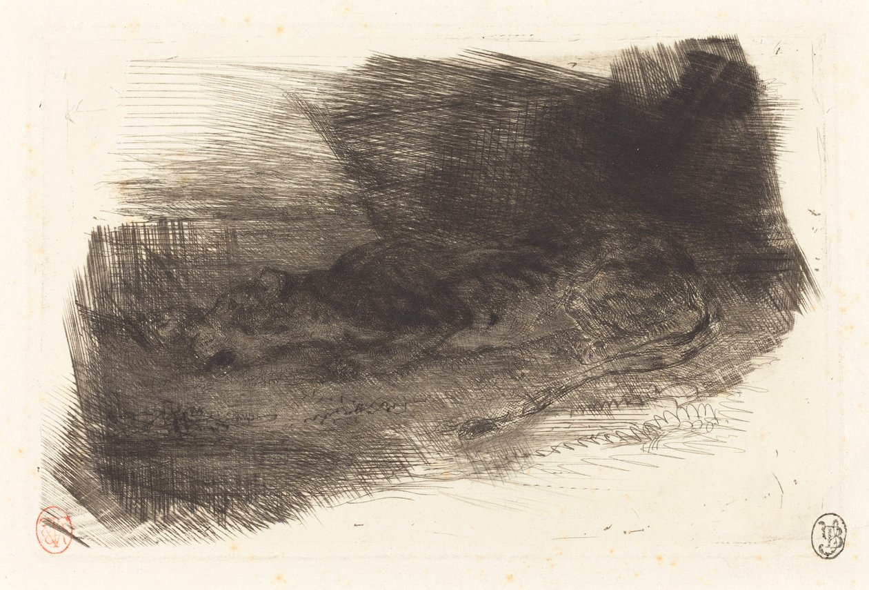 Tygr spí u vchodu do svého doupěte od Eugène Delacroix